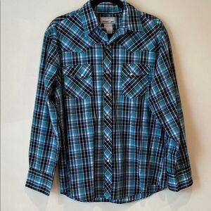 Wrangler Teal and Black Plaid Button Down Shirt